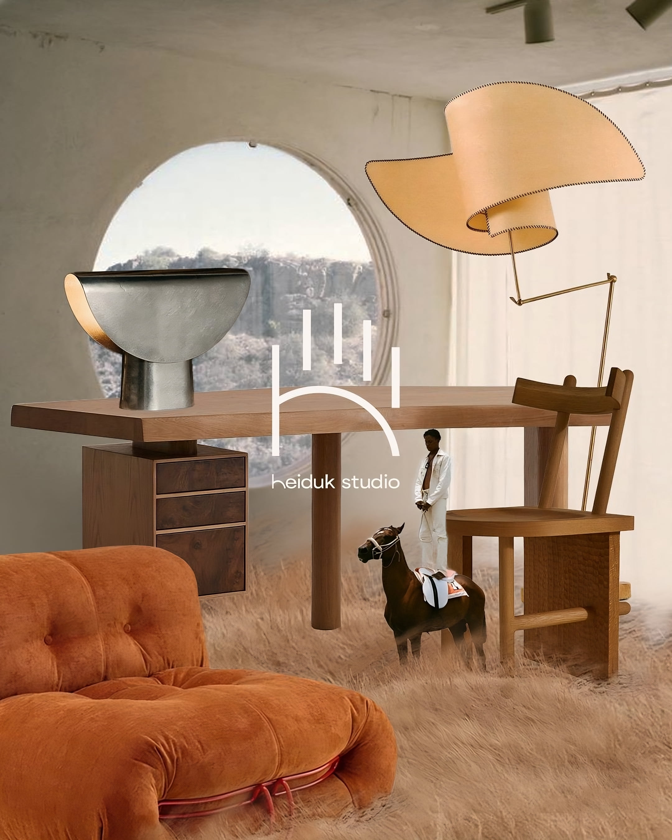 an artistic collage of furniture and characters, with Heiduk studio logo overlay