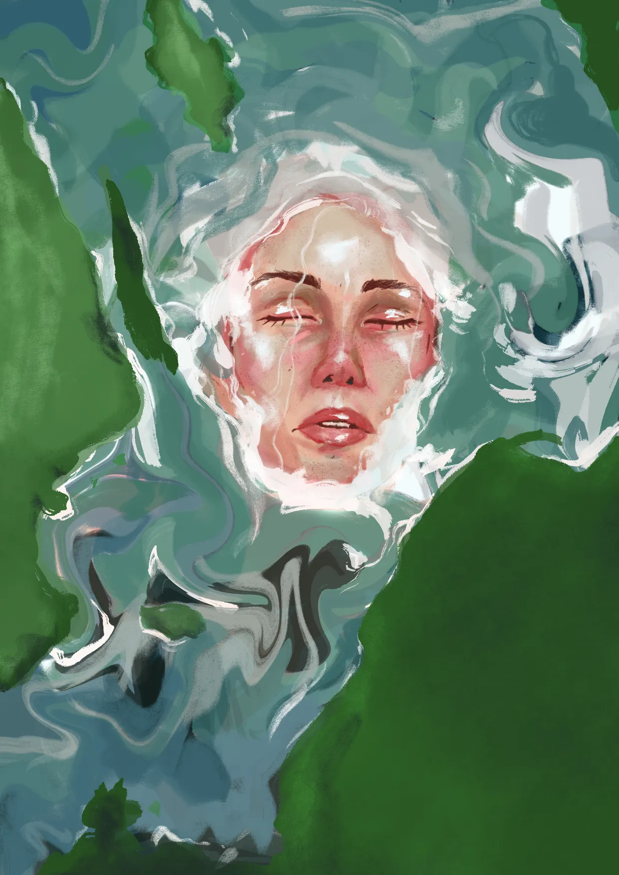  an illustration of woman swimming in water in between two lands, looking back at one of them