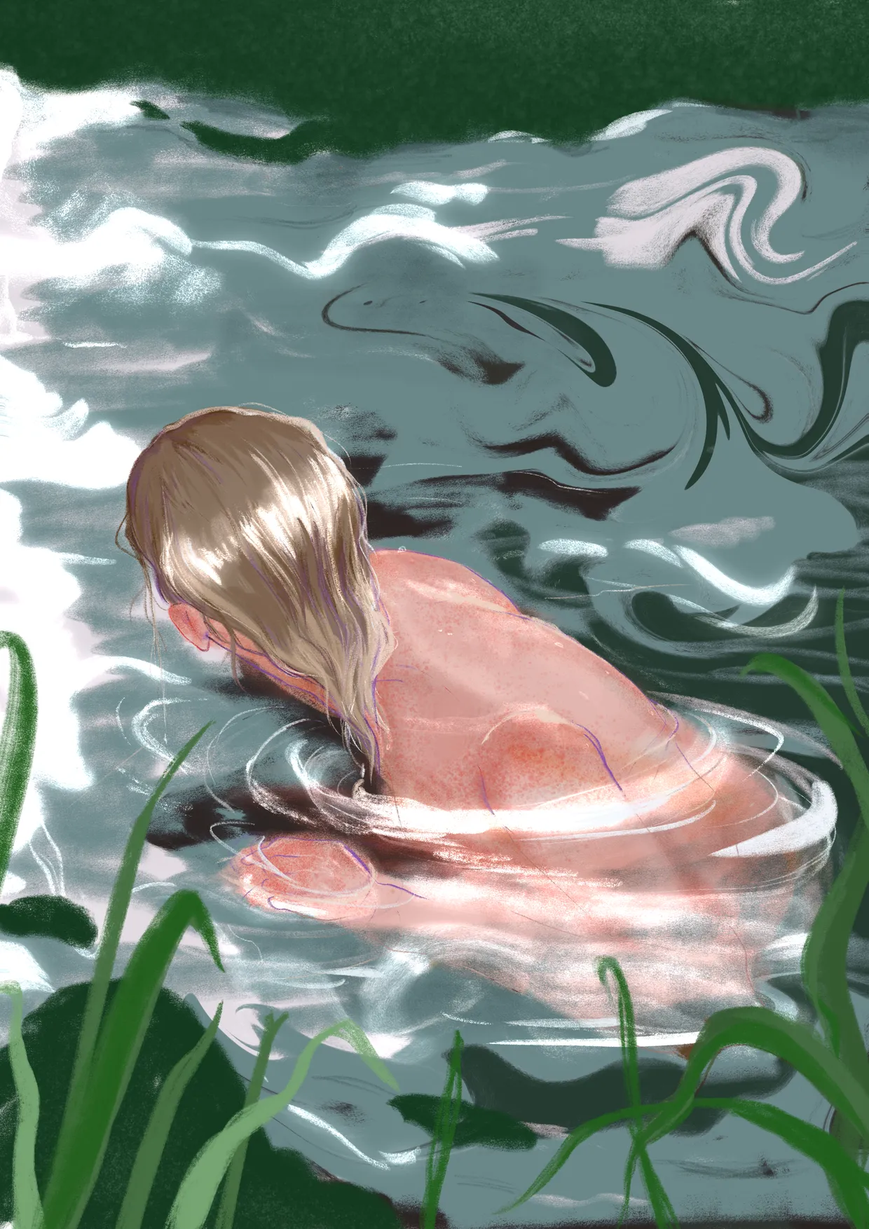an illustration of woman swimming in water in between two lands, looking back at one of them