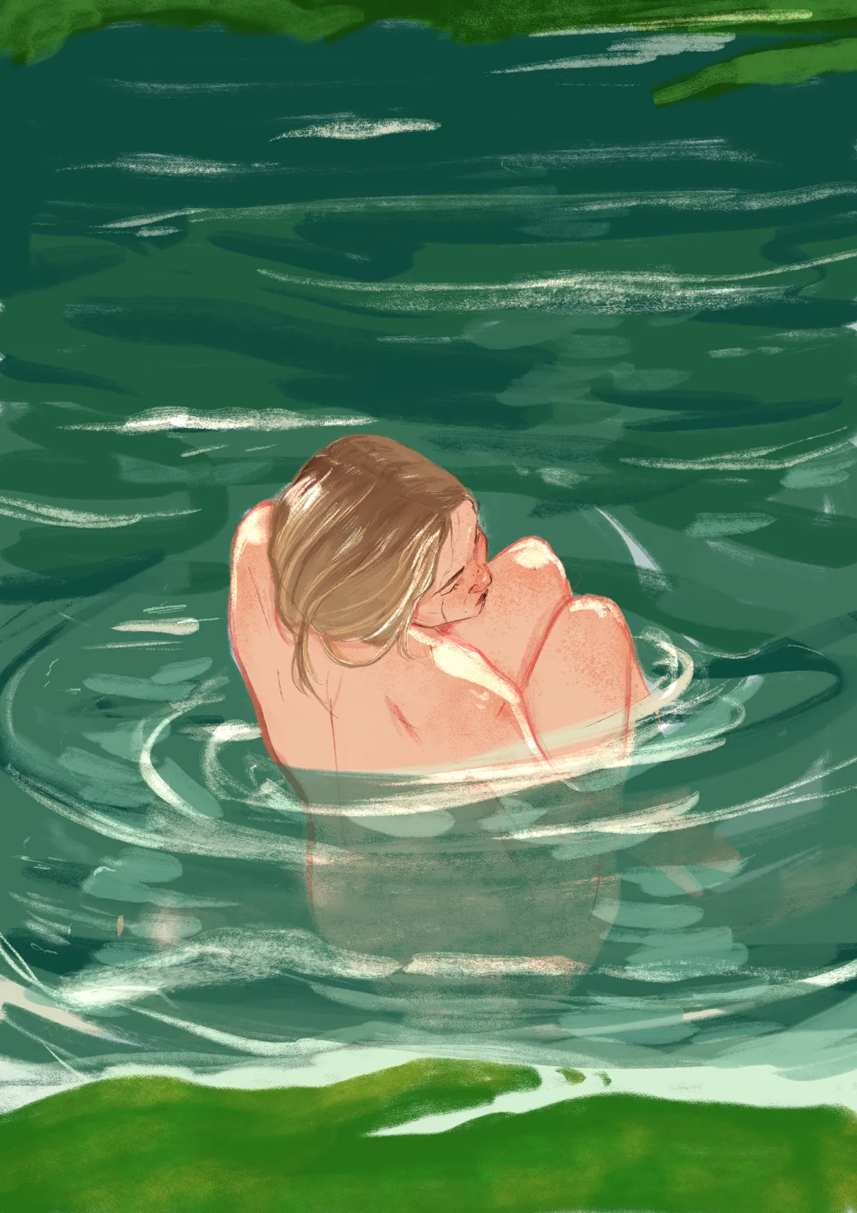 a digital illustration depicting a face of a woman emerging from water in between two lands