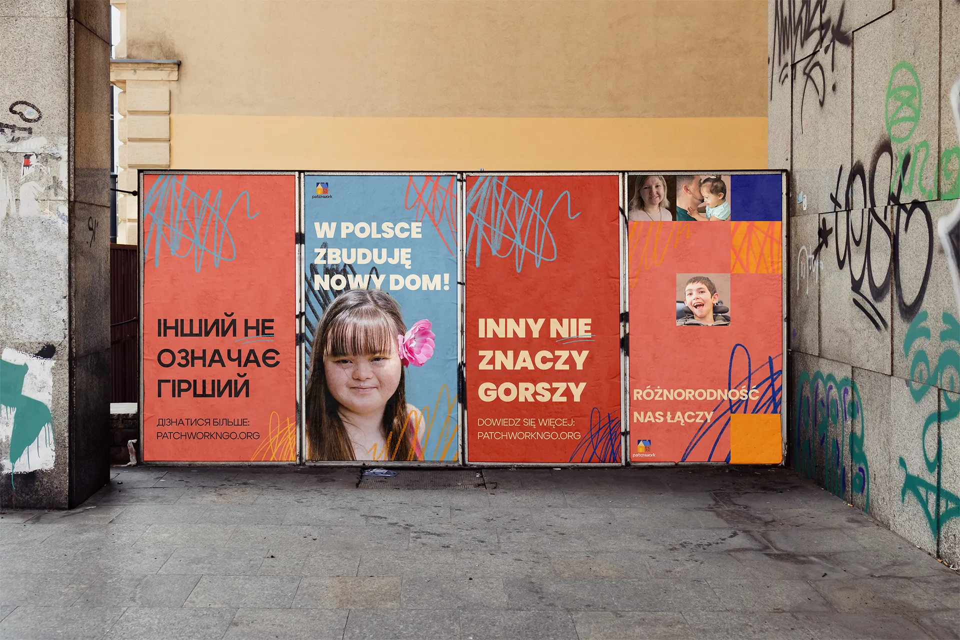 posters of patchwork organization in the urban landscape with slogans "in Poland I will build a new home", "different does not mean worse", "diversity unites"