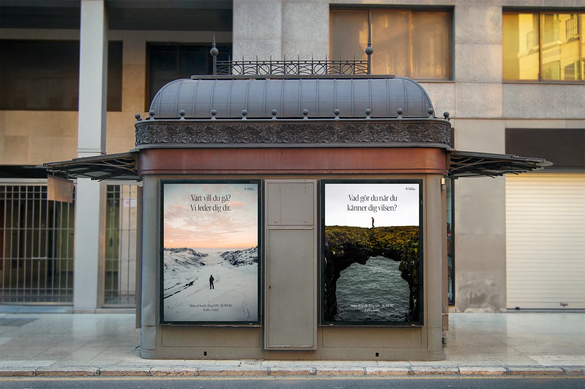 a photograph showing a newsstand booth displaying two ad posters advertising Psykologkompassen psychology office; the posters present people walking in wilderness and text in Swedish meaning "Where do you want to go? We will lead you there." and "What do you do when you feel lost?"