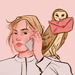 a digital illustration of Aleksandra Pekala answering a phone with a barn owl sitting on her arm. The owl holds a pink envelope in its beak