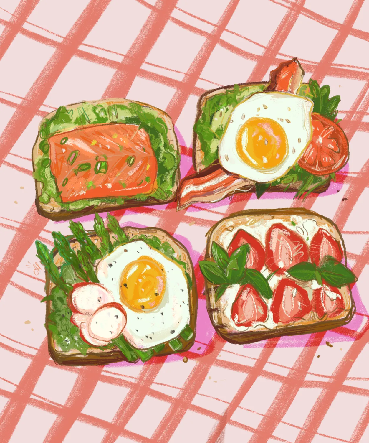 a vividly colored digital illustration depicting four sandwiches laying on the table with different ingredients on top: one with salmon and guacamole, one with egg, bacon and salad, one with egg, asparagus and horseradish, one with strawberries, basil and cream cheese
