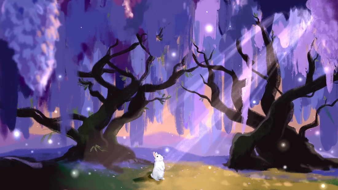 a digital illustration of a white bunny standing in the middle of enchanted wisteria forest, delicate sparkles of light flicker in the air