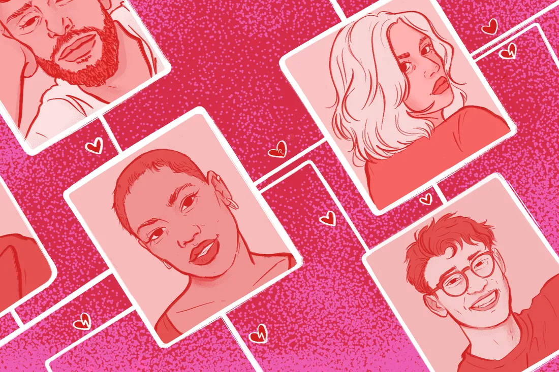a digital editorial illustration showing an assortment of individuals with distinct faces as the users of a dating app, there are virtual connections between them suggesting if they are a match or not
