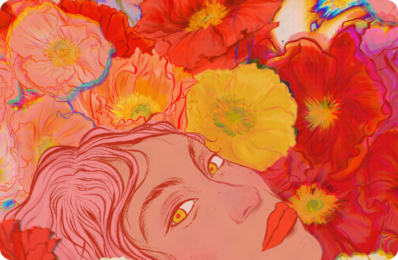 a digital editorial illustration showing an assortment of individuals with distinct faces as the users of a dating app, there are virtual connections between them suggesting if they are a match or not