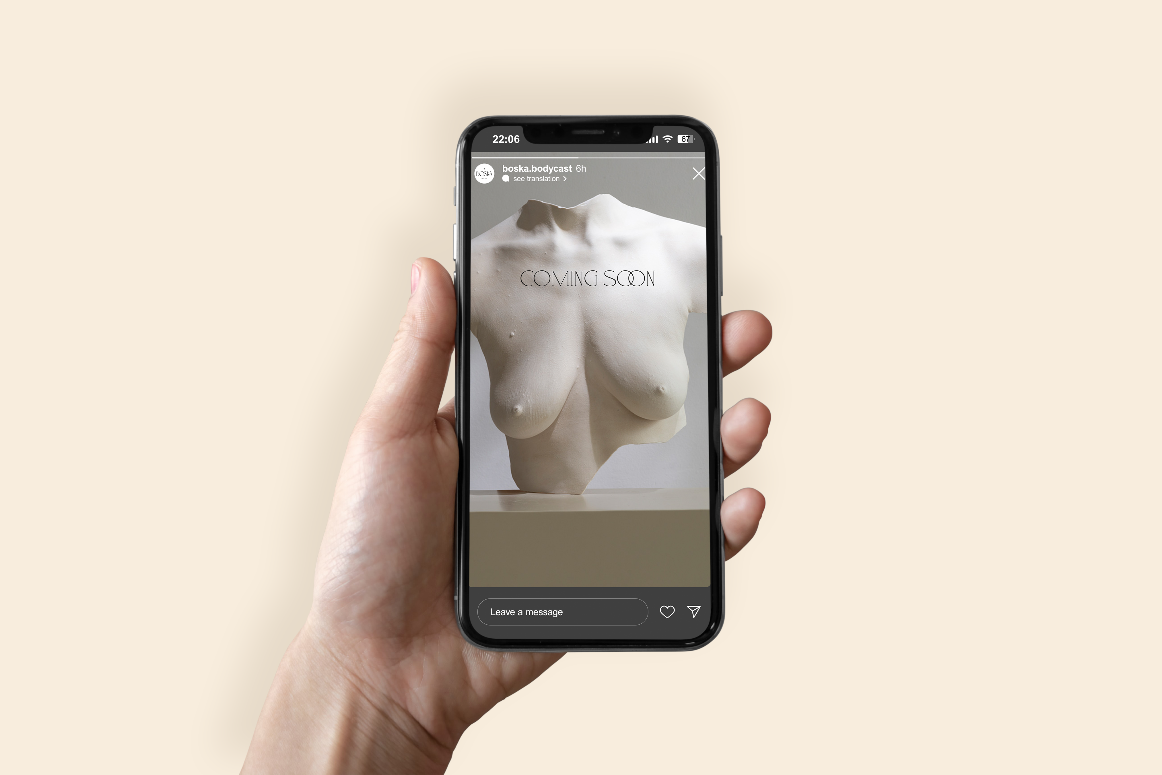 a hand holding a smartphone with an Instagram story on the screen, displaying a sculpture