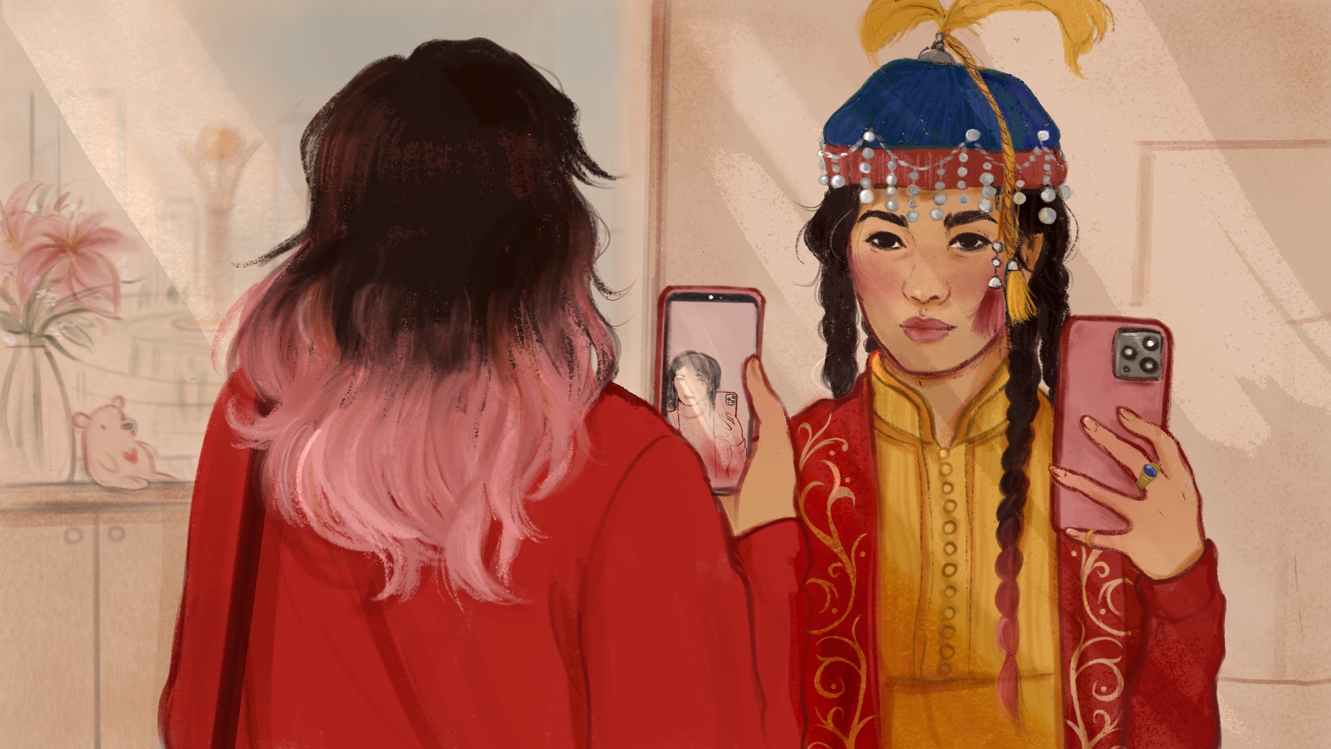 a digital illustration depicting a girl taking a selfie in the mirror - the mirror reflection shows the girl wearing a traditional Kazakh costume