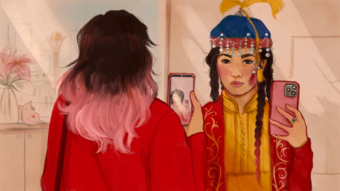 a digital illustration depicting a girl taking a selfie in the mirror - the mirror reflection shows the girl wearing a traditional Kazakh costume