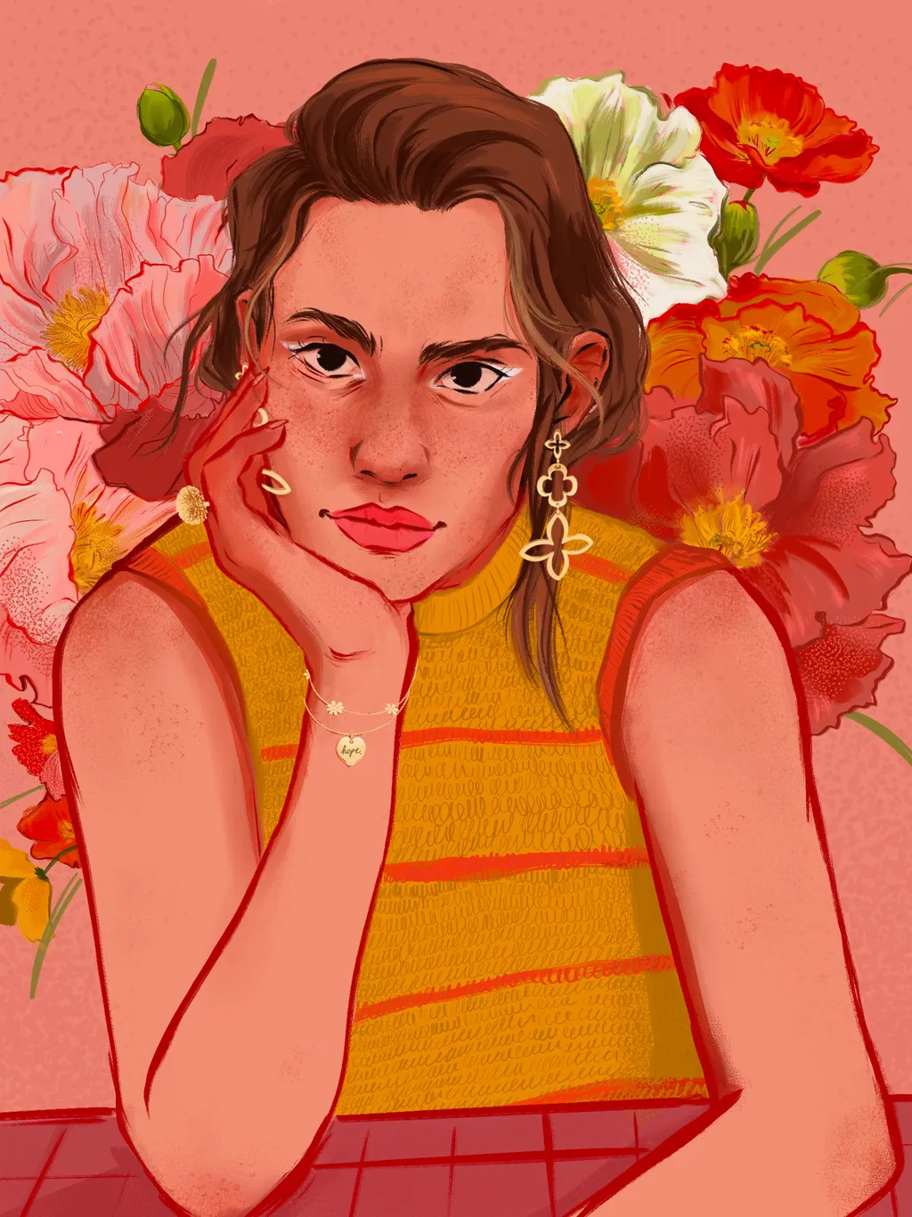 a digital, vividly-colored illustration depicting a woman leaning on the table, wearing a crocheted top and golden jewelry, with Icelandic poppies in the background