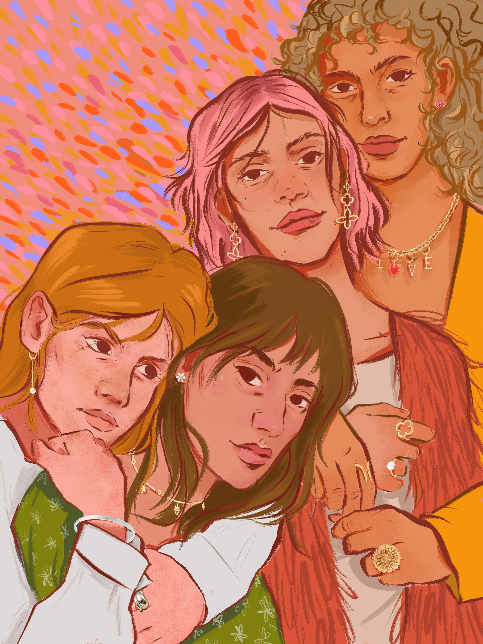 a digital, vividly-colored illustration depicting a gropu of woman hugging, each of them wearing multiple pieces of jewelry
