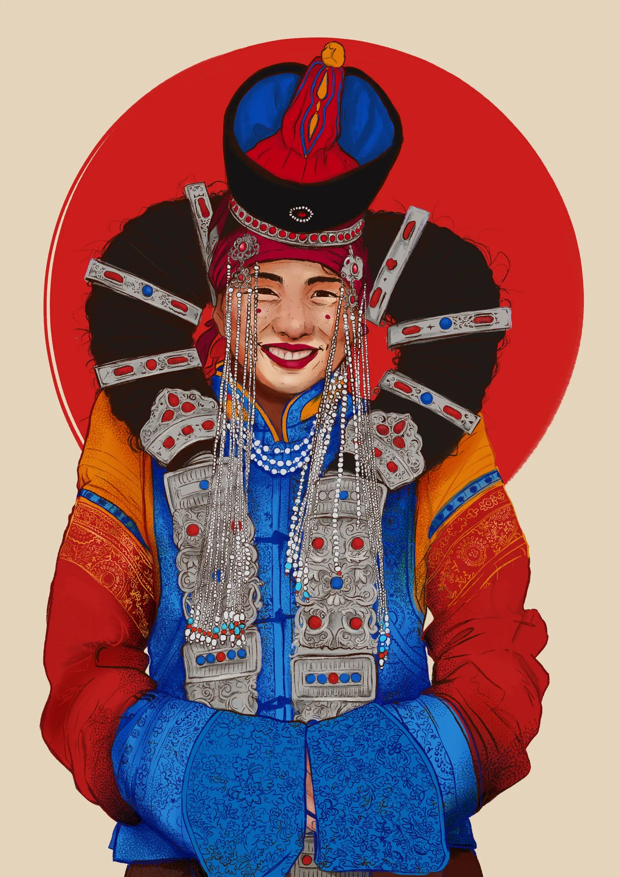 a digital portrait of a smiling woman wearing a traditional Mongolian costume