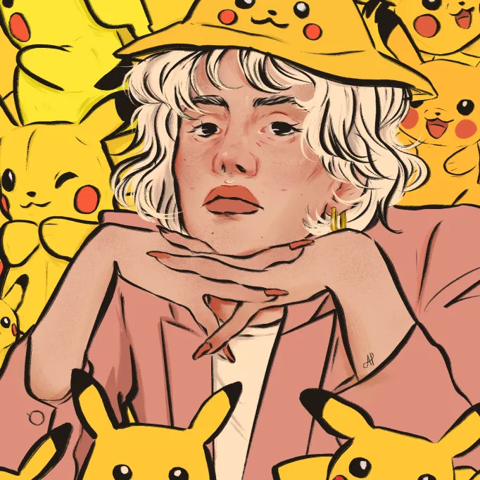 a digital illustration of a young, blonde girl with indifferent face surrounded by multitude of Pikachu pokemon plushies