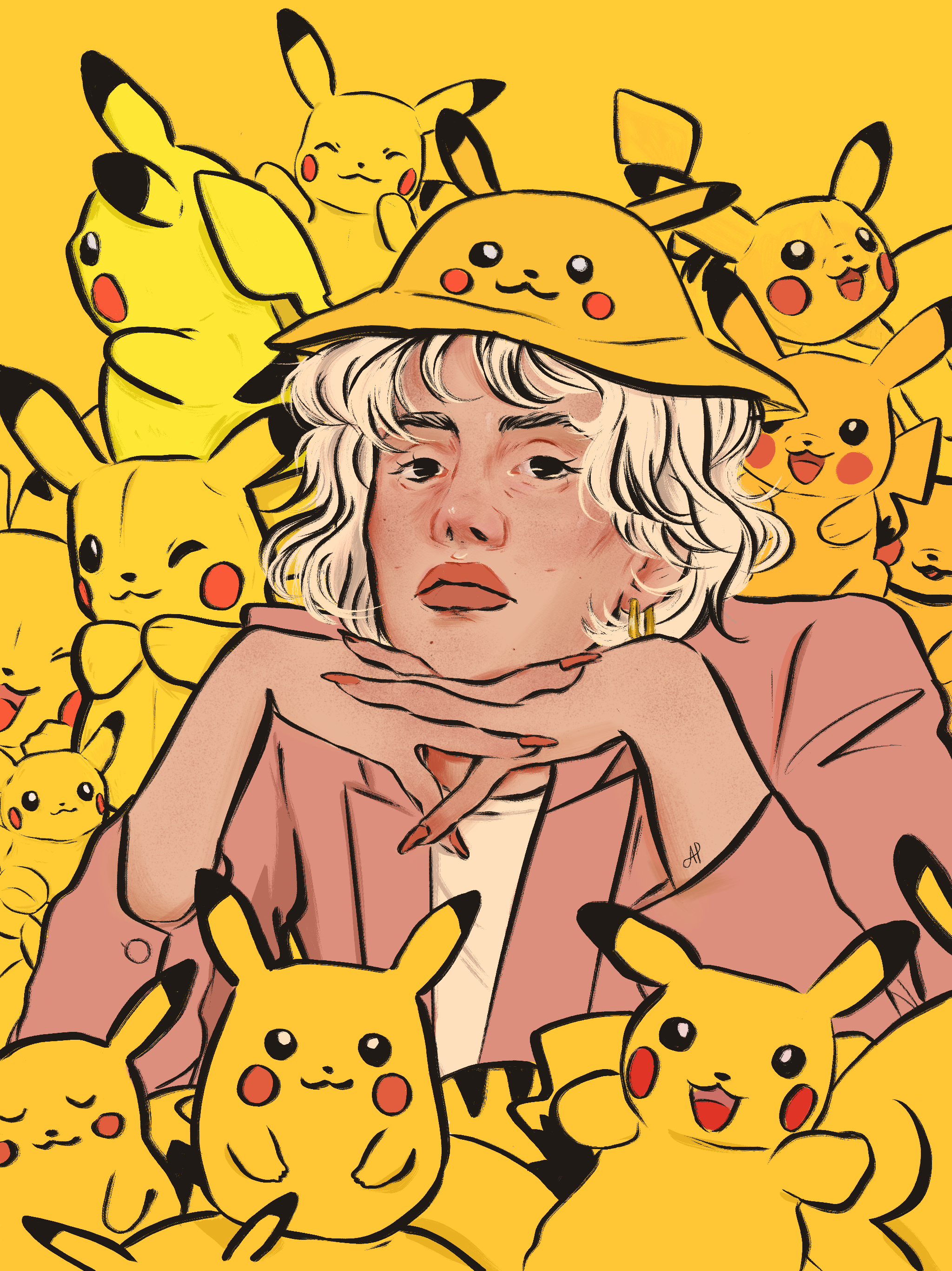 a digital illustration of a young, blonde girl with indifferent face surrounded by multitude of Pikachu pokemon plushies