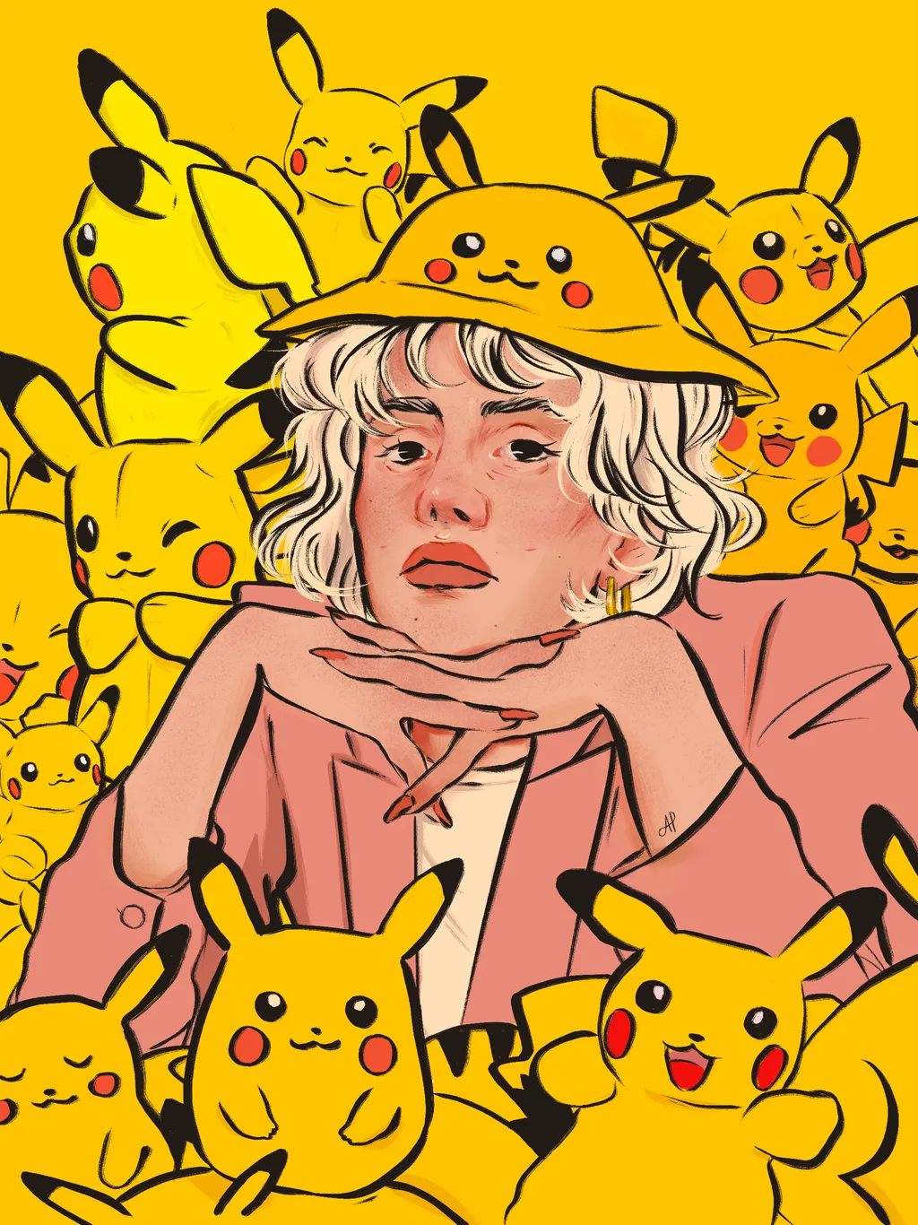 a digital illustration of a young, blonde girl with indifferent face surrounded by multitude of Pikachu pokemon plushies