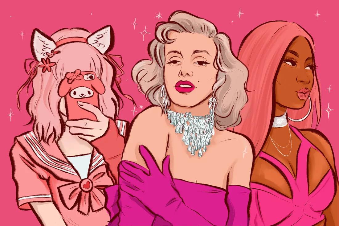  a digital illustration depicting three woman in pink attire: a girl wearing accessories in kawaii style covering her face with a phone while taking a selfie, Marylin Monroe in her iconic magenta-colored gown and diamond necklace and Nicki Minaj with pink wig and pink top