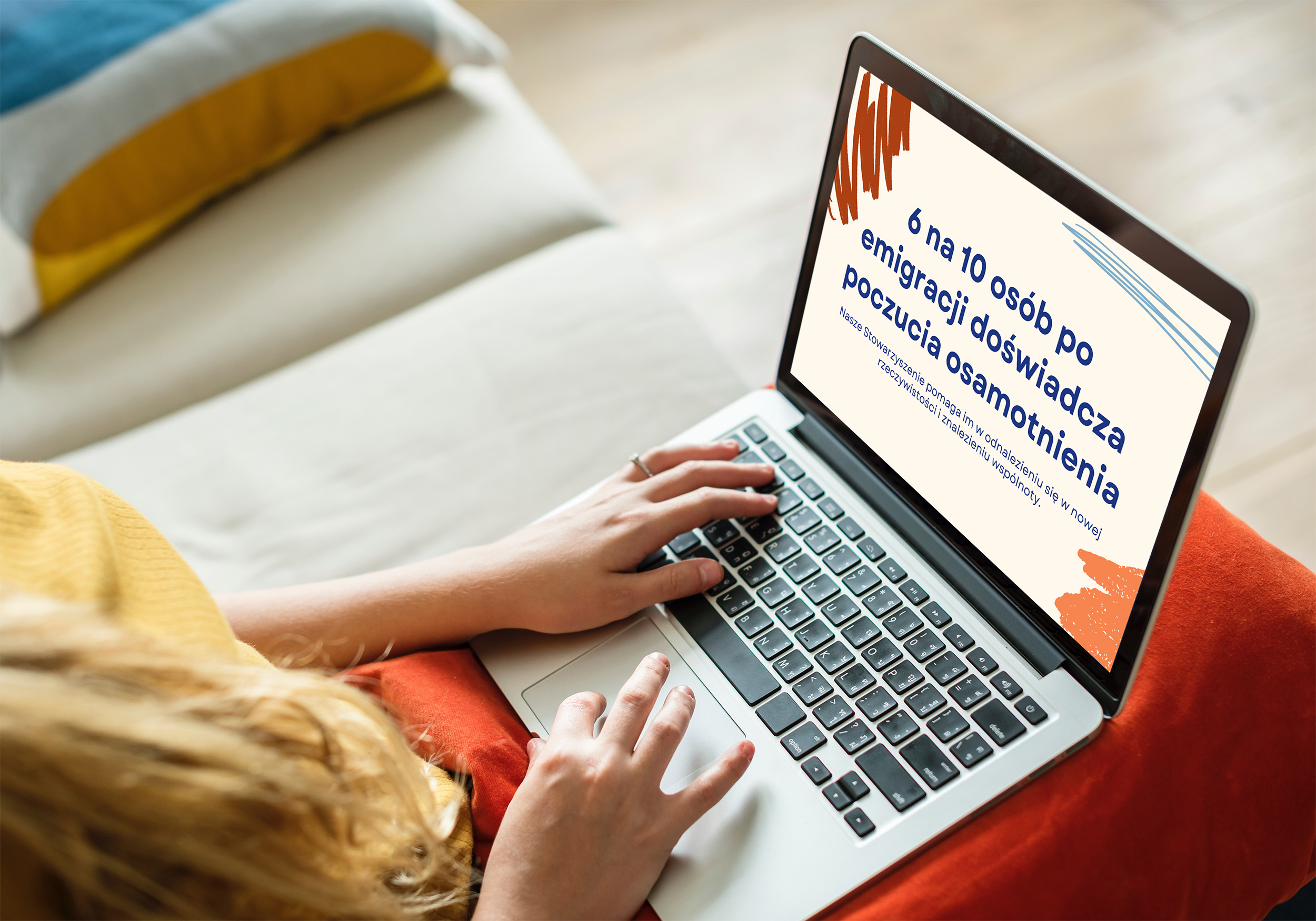 a side view of a woman using a laptop to browse an informative presentation, displayed text says: "6 out of 10 people experience feeling of loneliness"