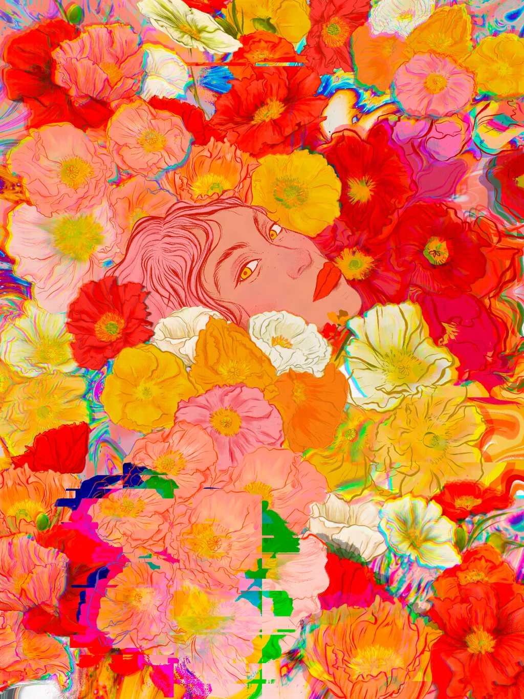 a vividly-colored digital illustration depicting a woman's face peeking from between a multitude of poppies; some of the flowers appear to glitch and distort