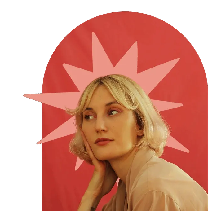 a portrait of Aleksandra Pekala on a red background, with an animated star-shaped element moving behind her