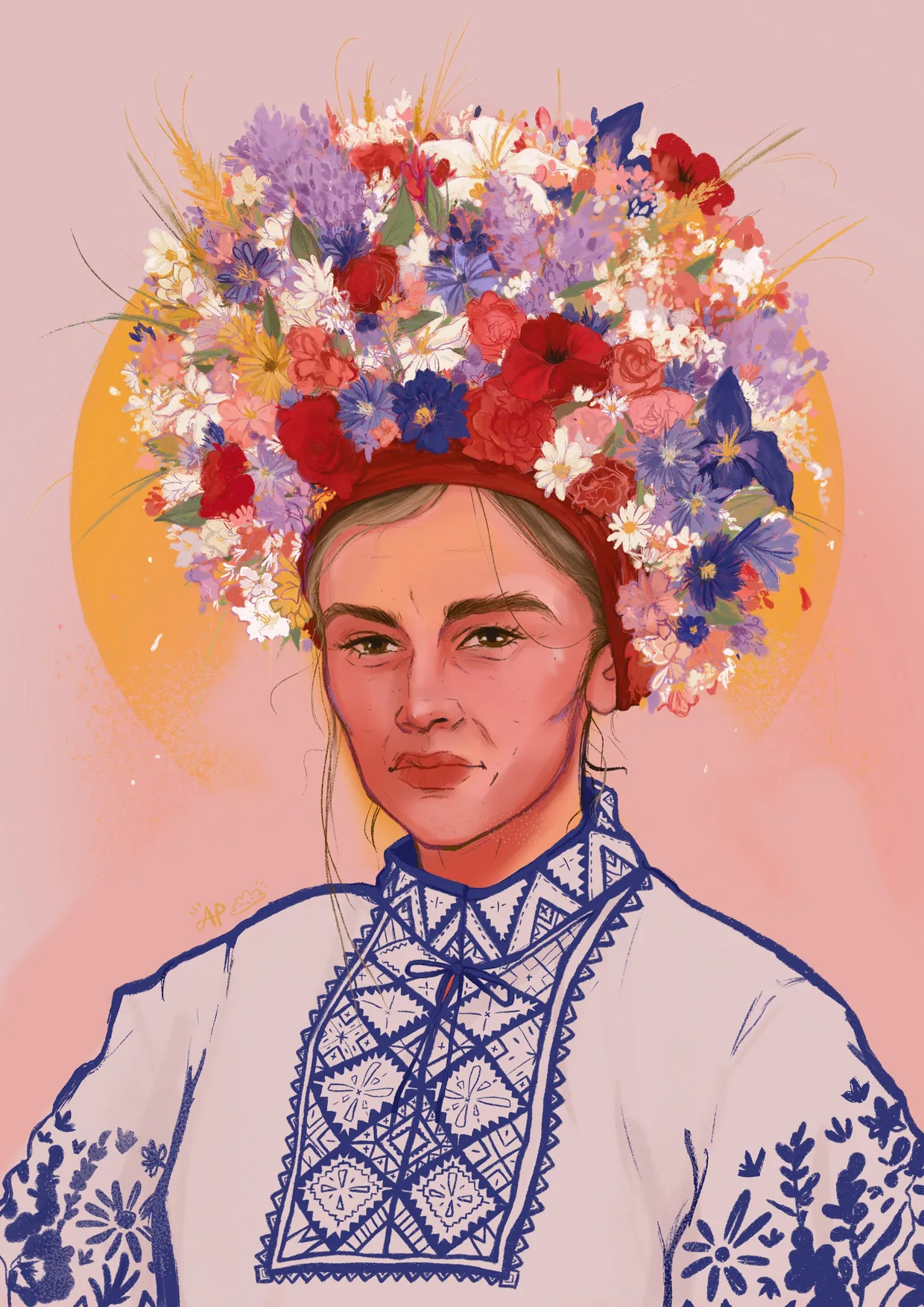 a digital portait of a young woman wearing a traditional Ukrainian flower crown and an embroidered shirt 'vyshyvanka'