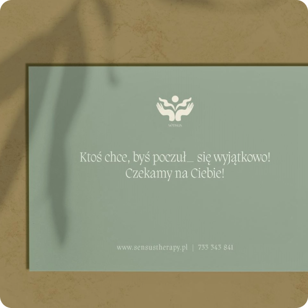 a voucher with sensus logo and contact details printed on a sage colored paper and displayed on a natural background with a shadow of a leaf