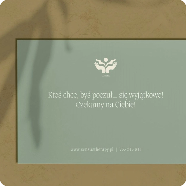 a voucher with sensus logo and contact details printed on a sage colored paper and displayed on a natural background with a shadow of a leaf