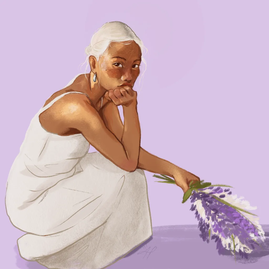 a digital illustration of a woman wearing a white dress, sitting in a squatting pose and holding a bouquet of violet and white flowers